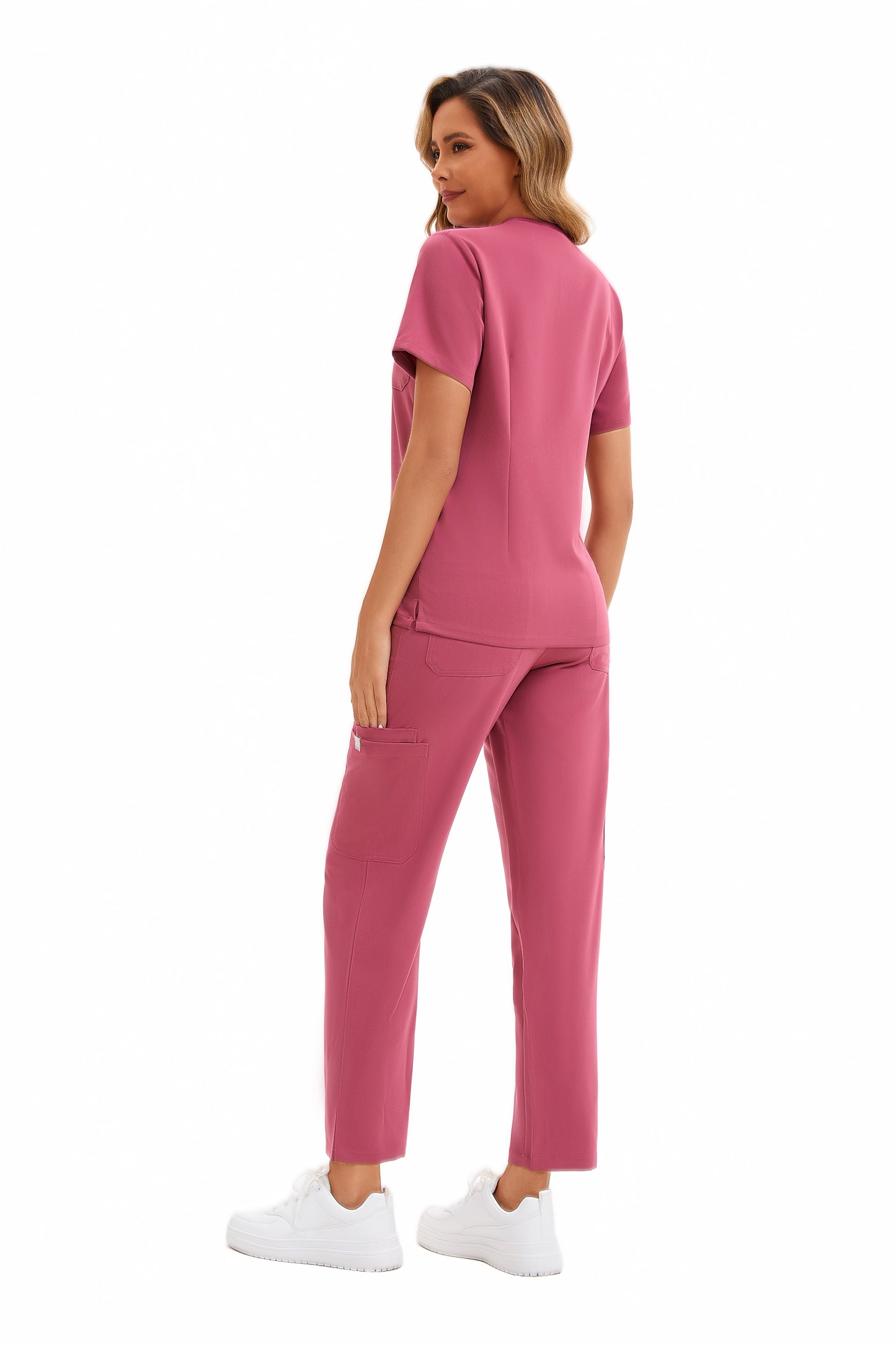 Enwinz Elena One Pocket Top Scrub Set – Deep Coral Pink Modern Fit | Everyday Function | All-Day Comfort