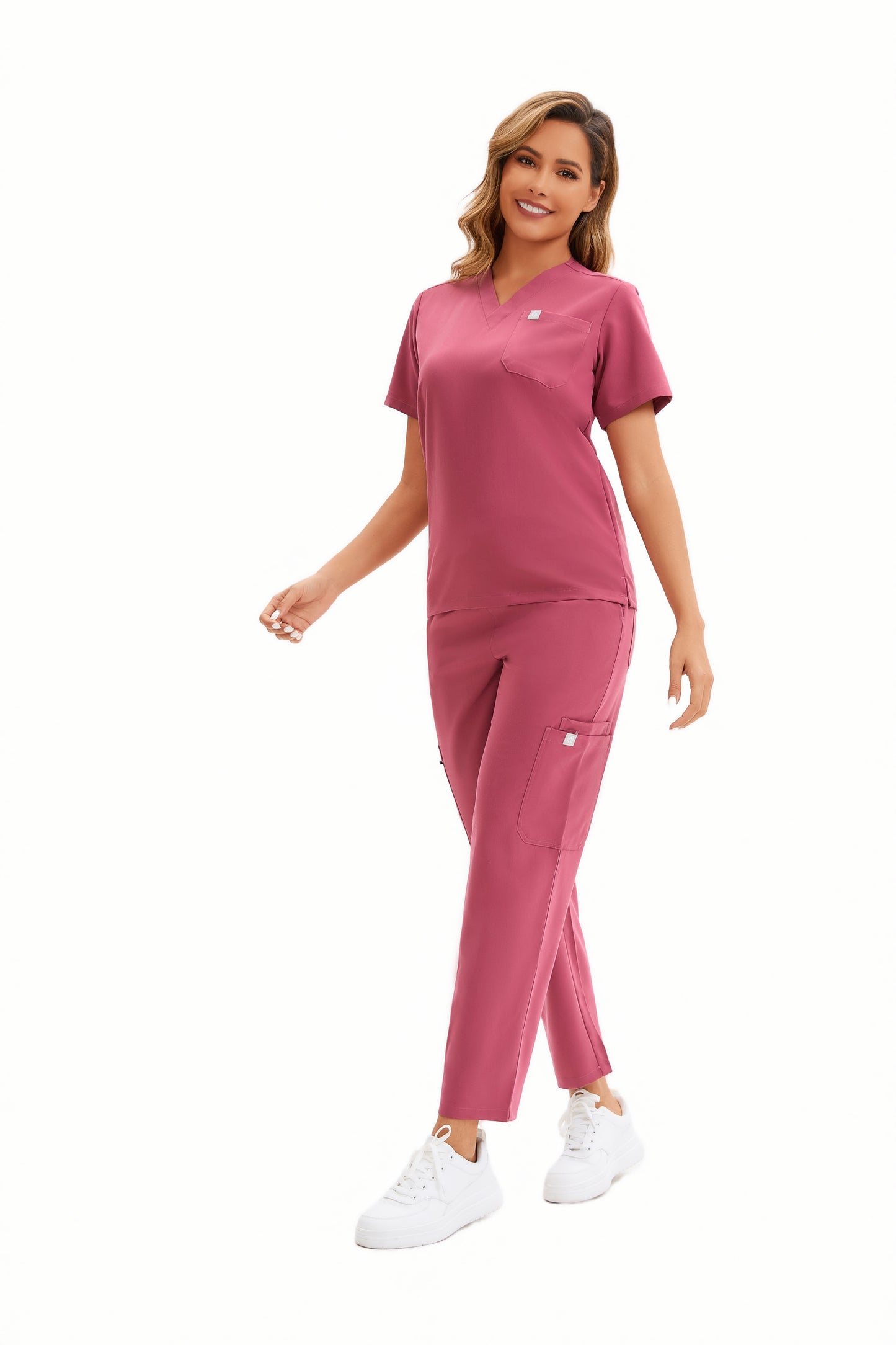 Enwinz Elena Women's One Pocket Scrub Top Deep Coral Pink