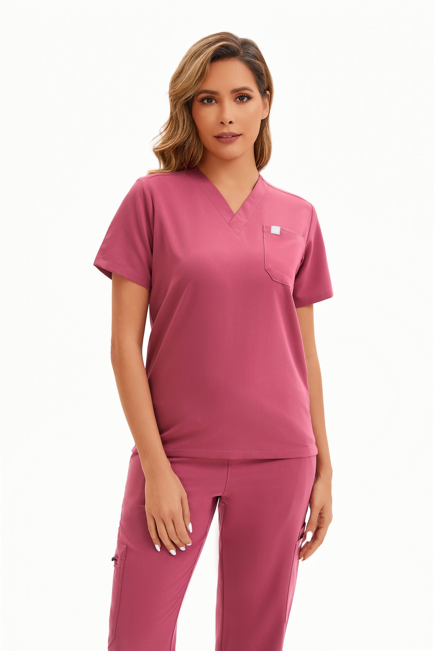 Enwinz Elena Women's One Pocket Scrub Top Deep Coral Pink