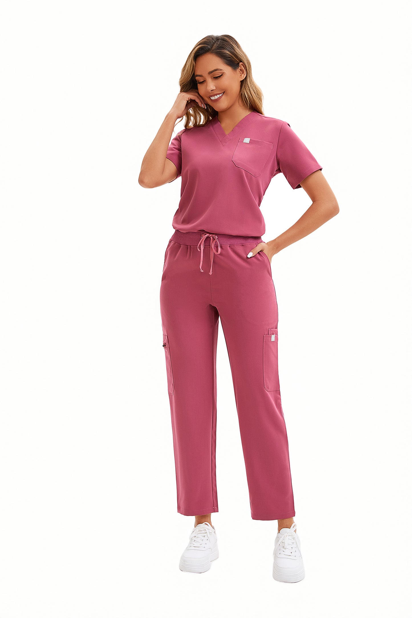 Enwinz Elena Women's One Pocket Scrub Top Deep Coral Pink