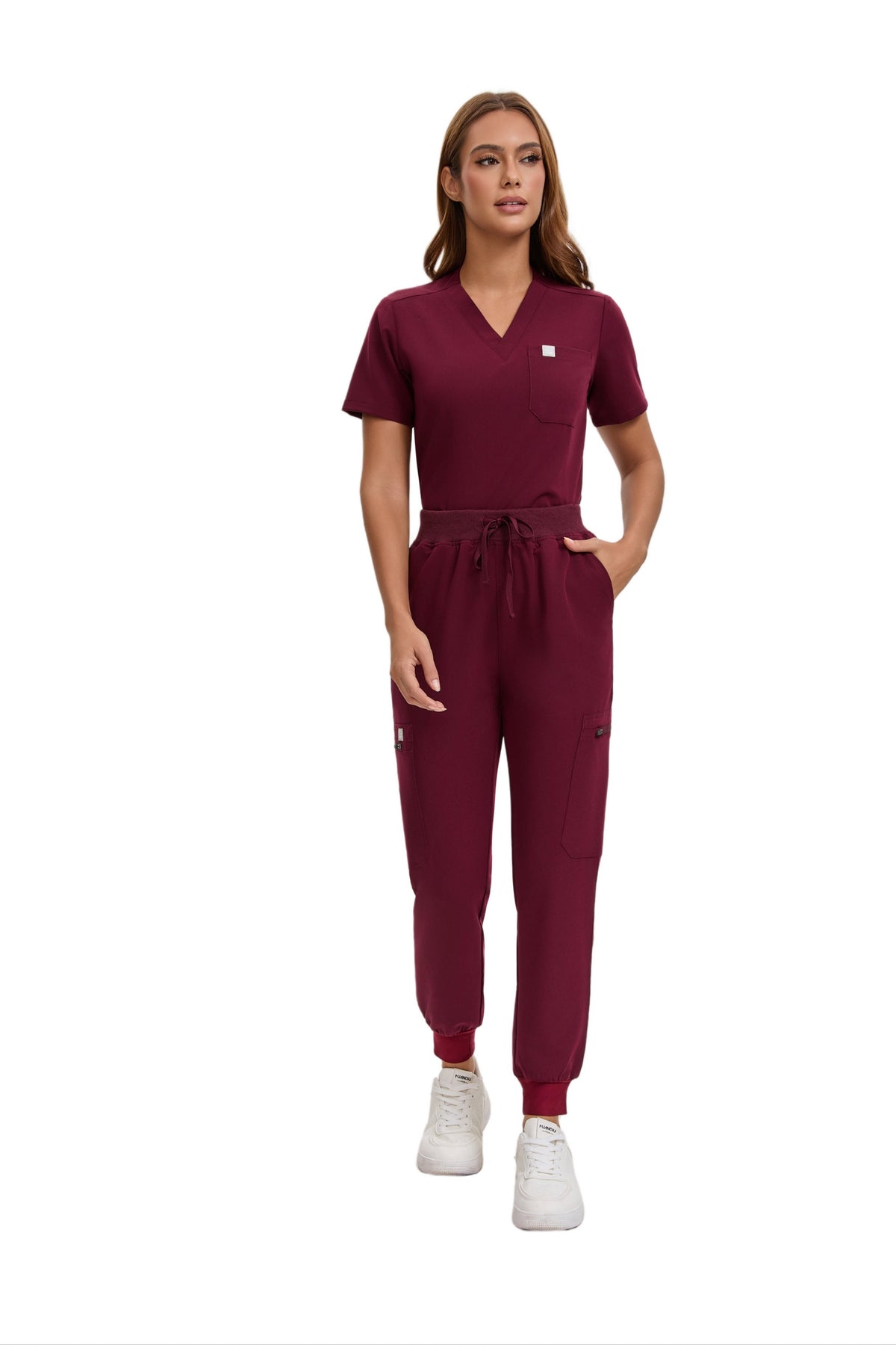 Enwinz Elora Jogger Scrub Set in Wine Red, women's medical scrubs – view 2
